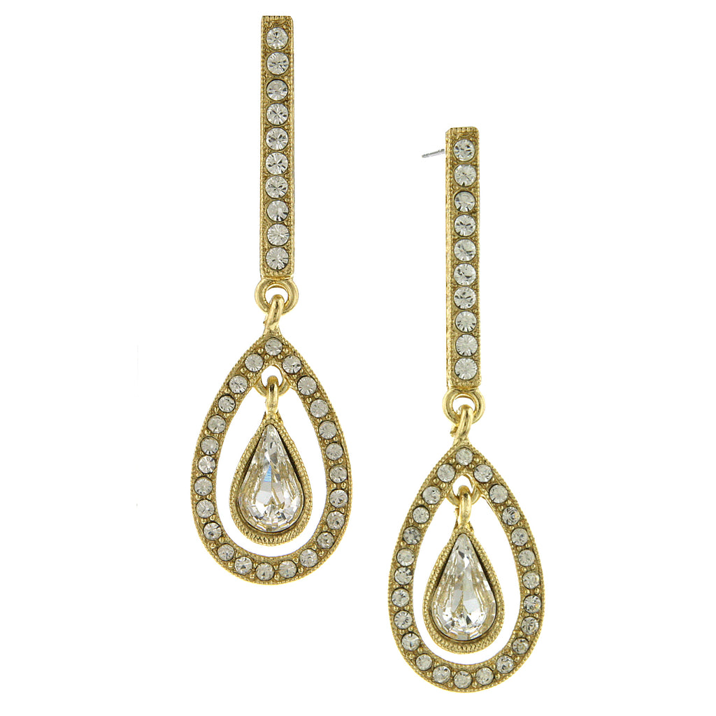 Gold Tone Crystal Enclosed Pear Shape Linear Drop Earrings