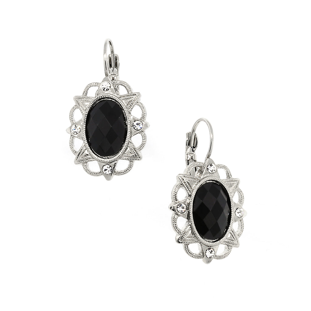 Silver Tone Jet And Crystal Oval Drop Earrings