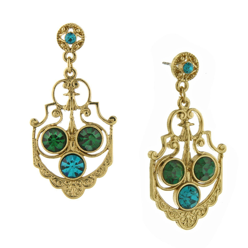 Gold Tone Blue Zircon Color And Green Crystal Drop Earrings