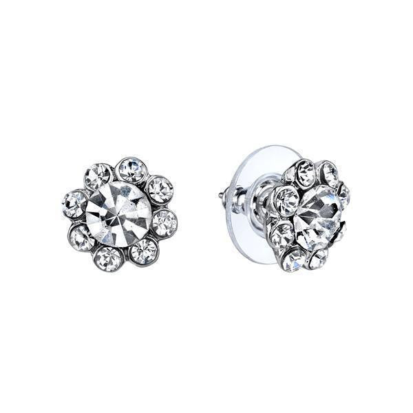 Silver Tone Crystal Flower Stud Earrings