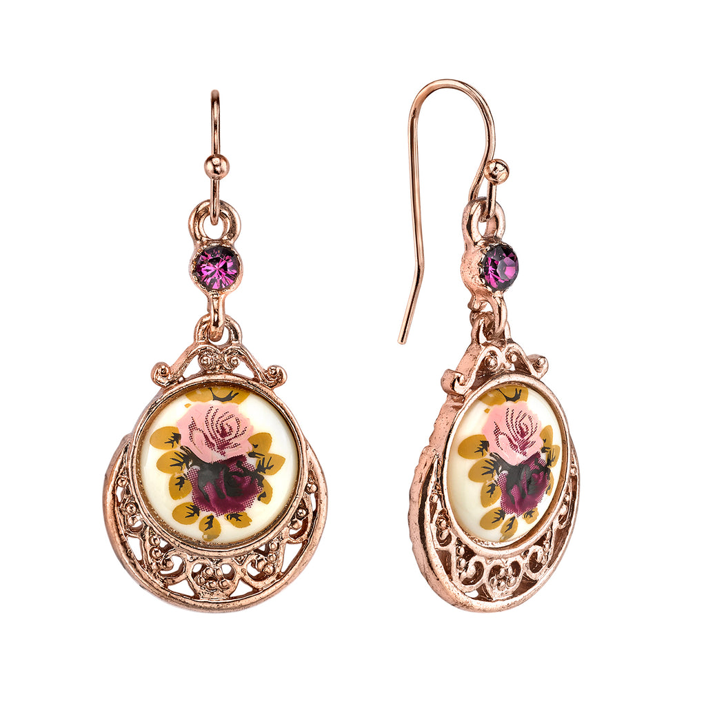 Rose Gold Tone Purple Crystal Flower Drop Earrings