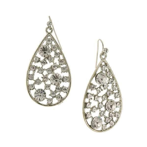 Silver Tone Crystal Open Work Multi Stone Pearshape Earrings