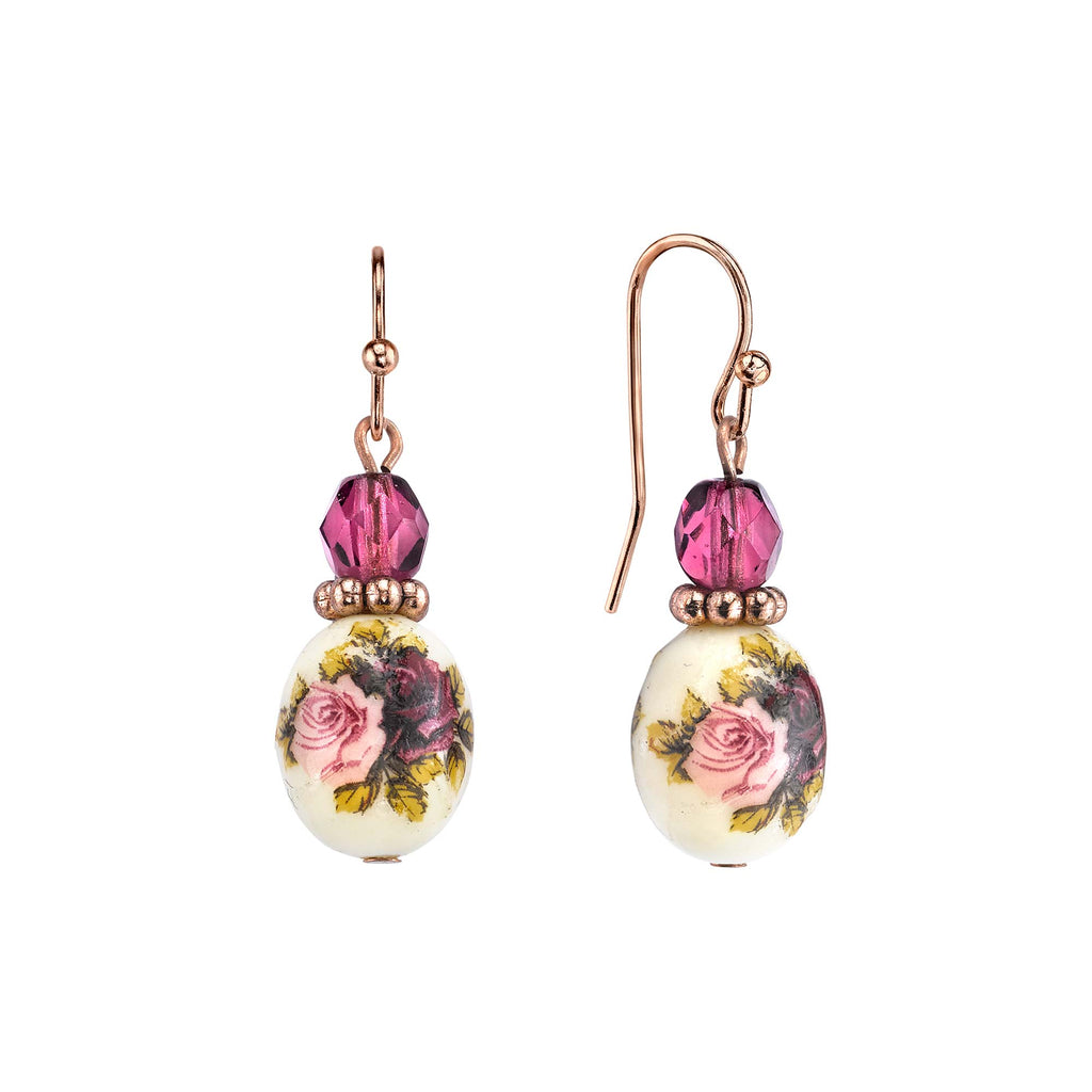 Rose Gold Tone Purple Crystal Bead Flower Drop Earrings