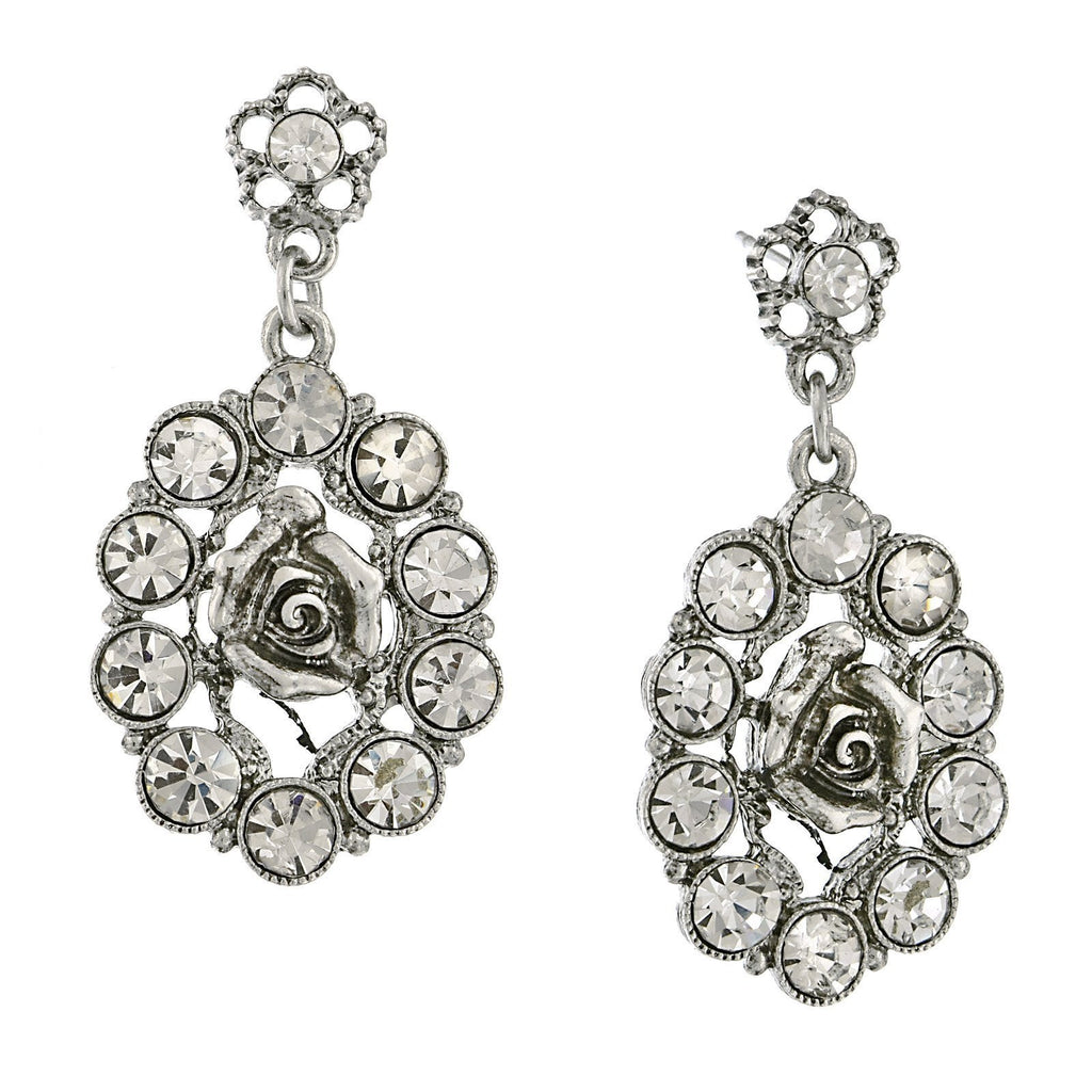 Silver Tone Crystal Oval Flower Drop Earrings