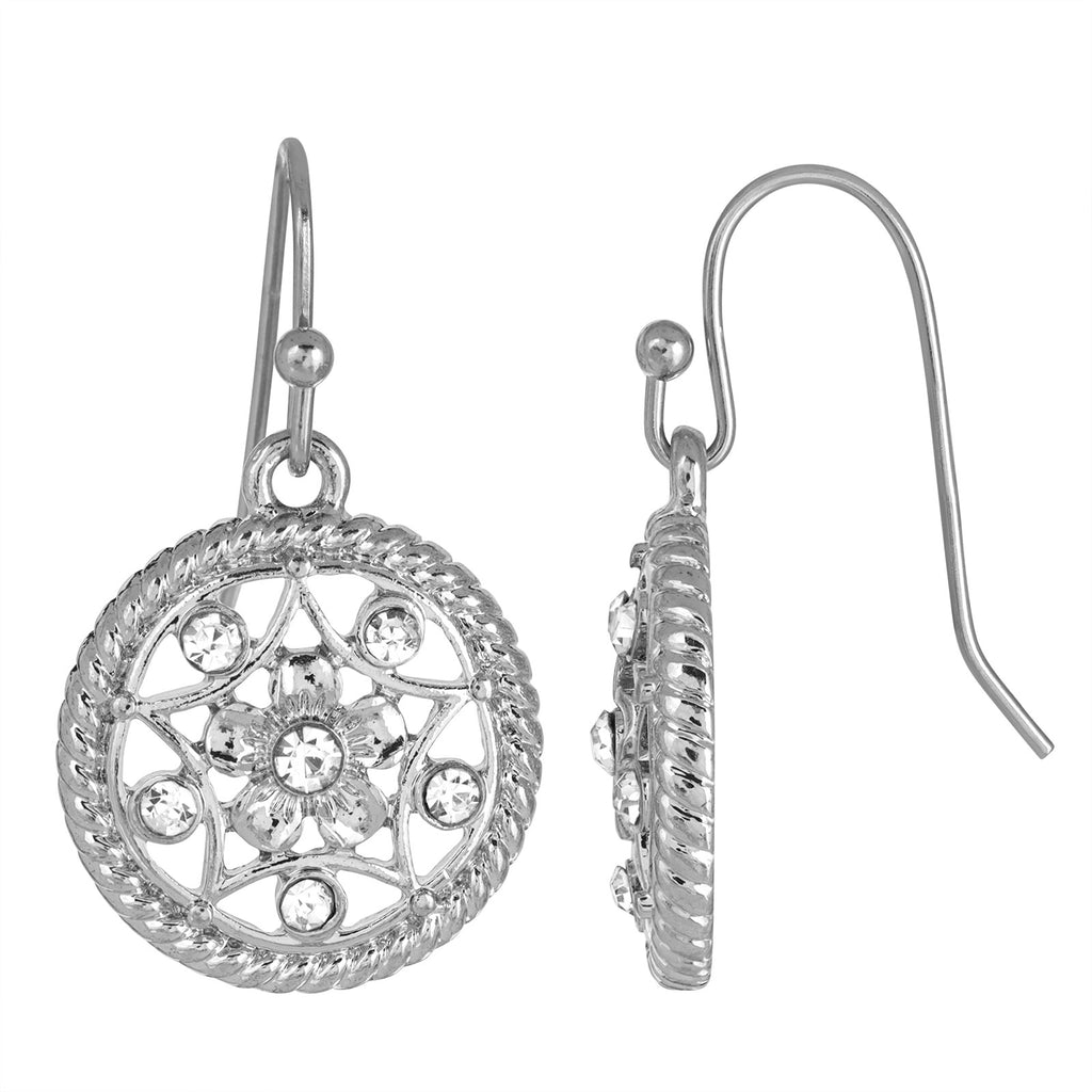 Crystal Clear Silver Tone Star & Flower Motif Round Crystal Drop Earrings