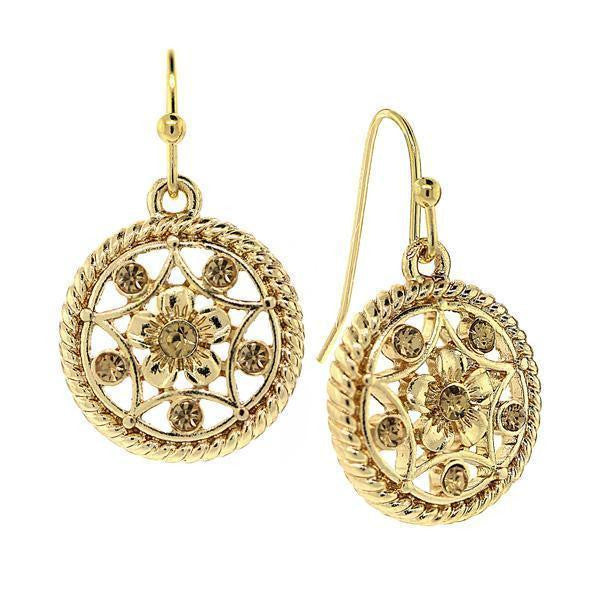 Gold Tone Light Topaz Crystal Round Drop Earrings