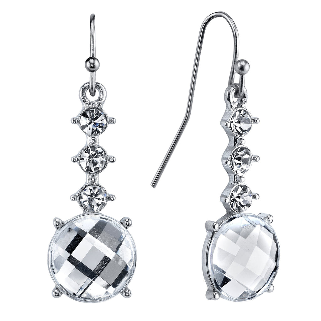 Silver Tone Crystal Round Faceted Drop Earrings