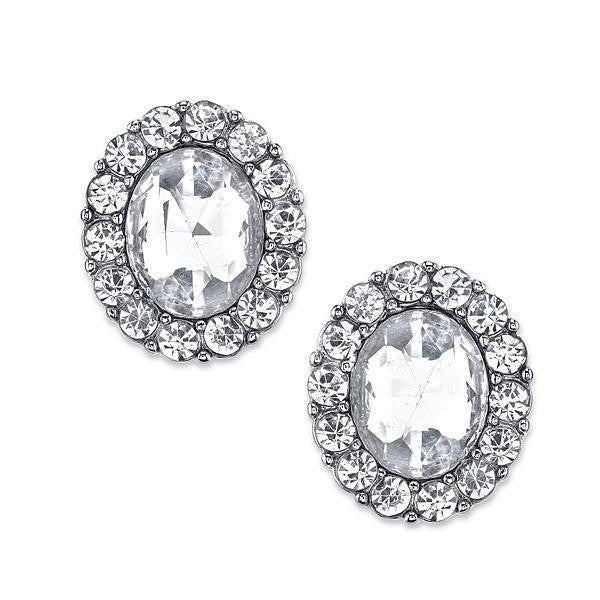 Silver Tone Crystal Oval Button Earrings