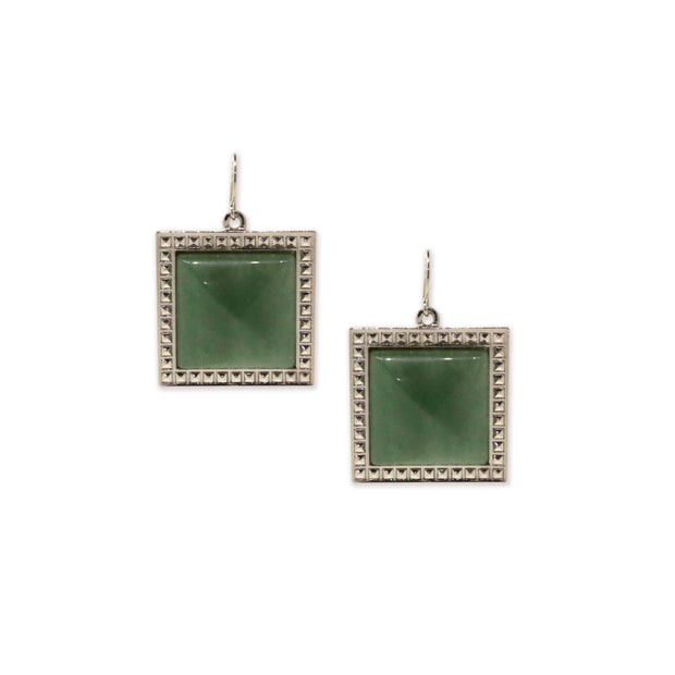 Silver Tone Green Aventurine  Gemstone Square Drop Earrings