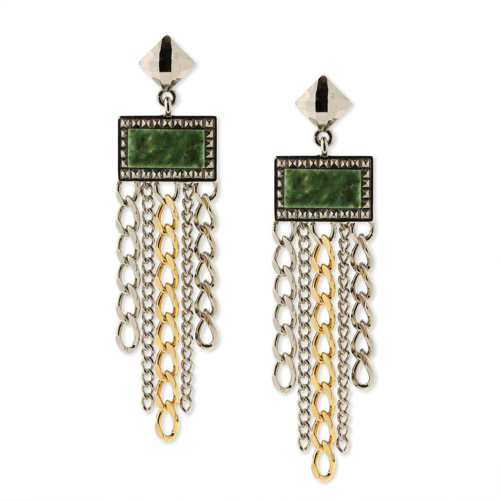 Silver & Gold Tone Jade Gemstone Square Stone Multi Chain Drop Earrings