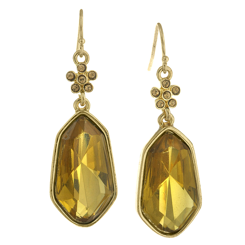 Topaz Gold Tone Flower Crystal And Large Faceted Drop Earrings