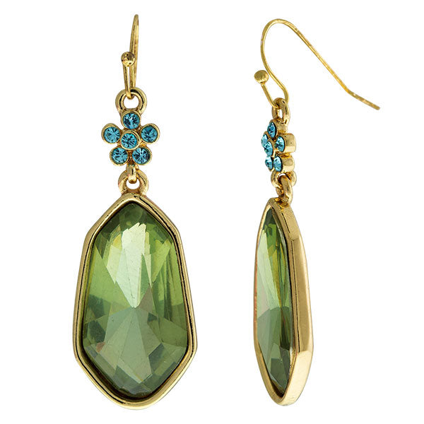Gold Tone Olive Green Faceted Drop Earrings