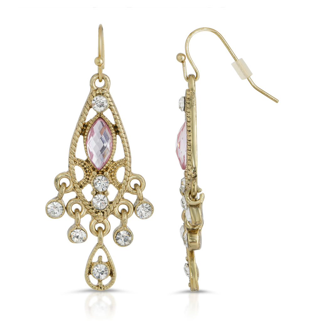 Teardrop Filigree Pink Crystal & Clear Crystal Charm Chandelier Earrings