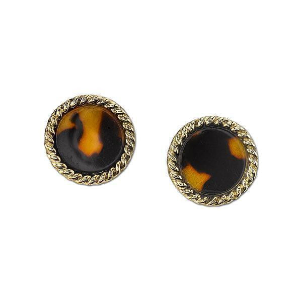 Gold Tone Tortoise Brown Round Button Earrings