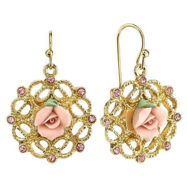 Gold Tone Pink Porcelain Rose With Pink Accent Filigree Drop Earrings