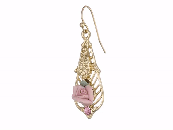 Pink Porcelain Rose With Pink Accent Drop Earrings