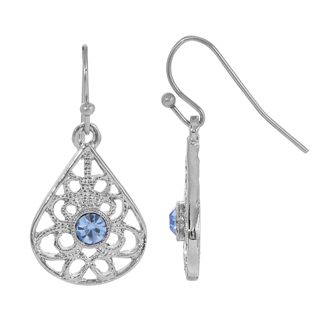 Teardrop Filigree Light Sapphire Crystal Fish Hook Drop Earrings