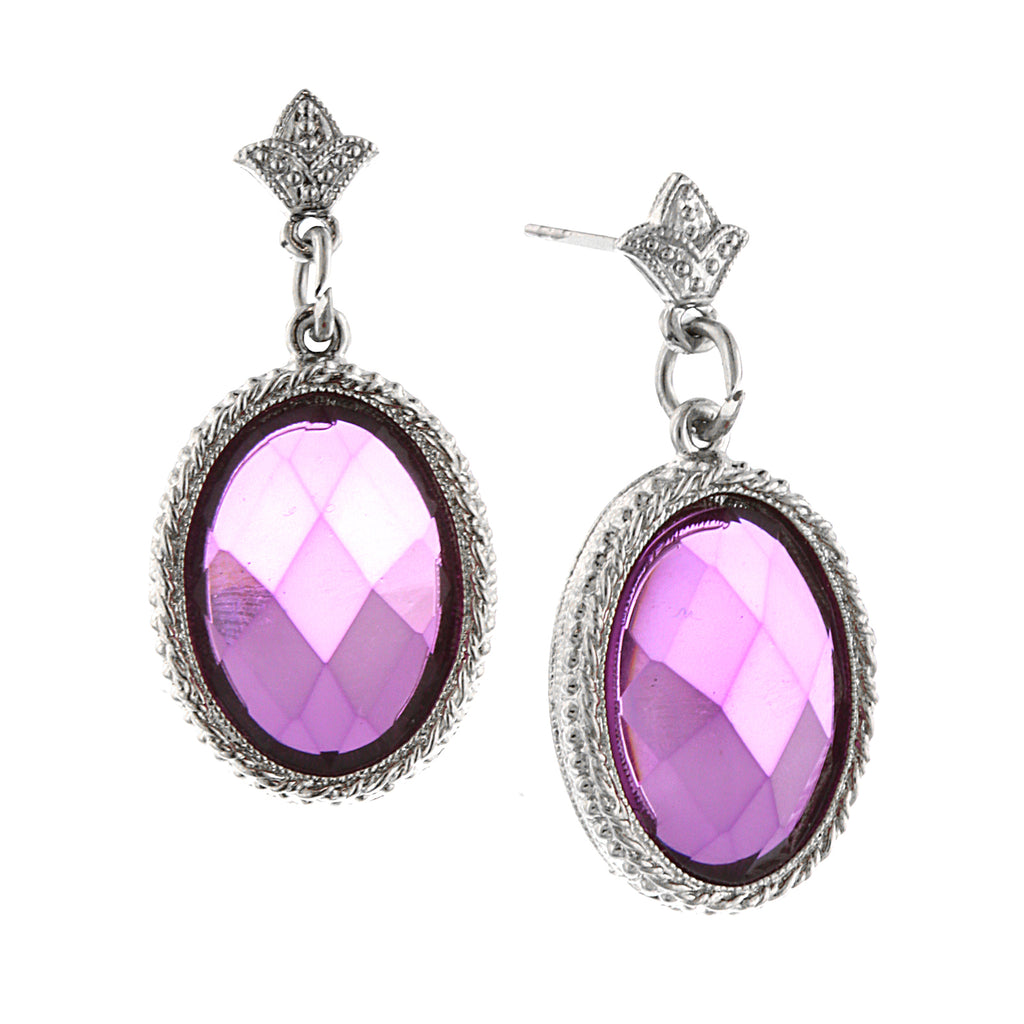 Silver Tone Purple Oval Faceted Drop Earrings