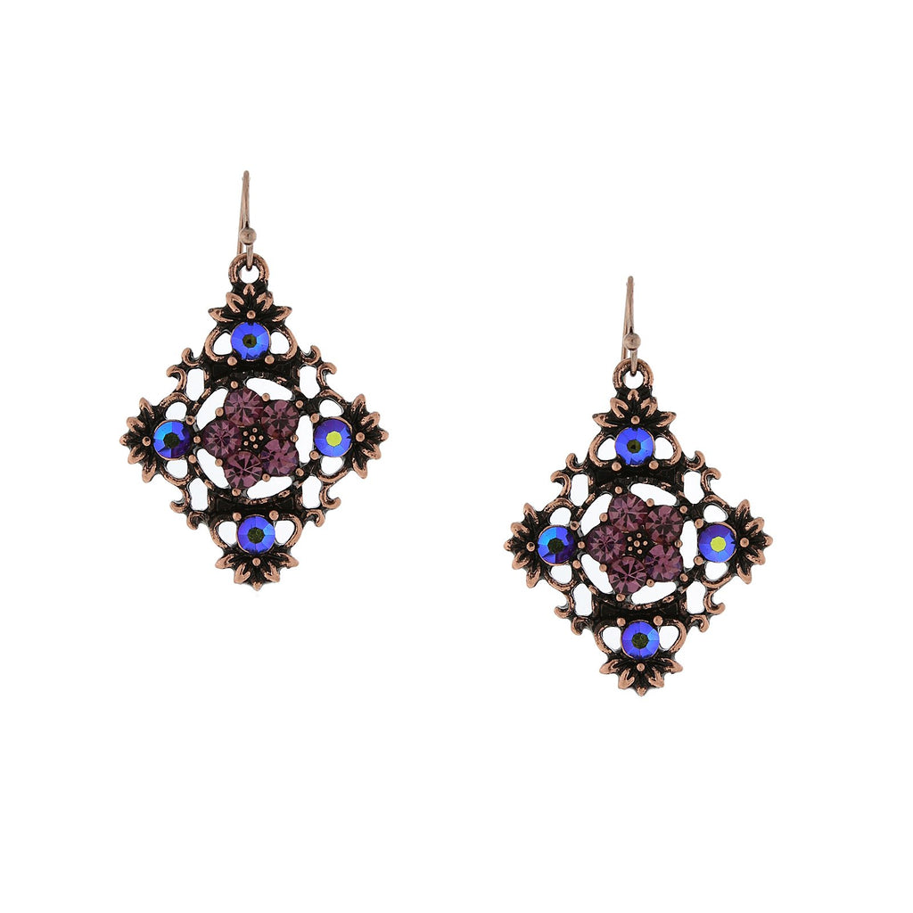 Purple With AB Crystals Diamond Shaped Filigree Flower Crystal Drop Earrings