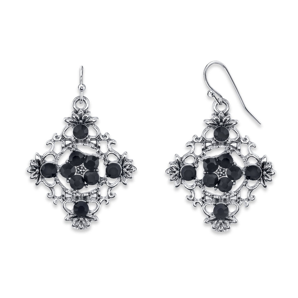 Black Diamond Shaped Filigree Flower Crystal Drop Earrings