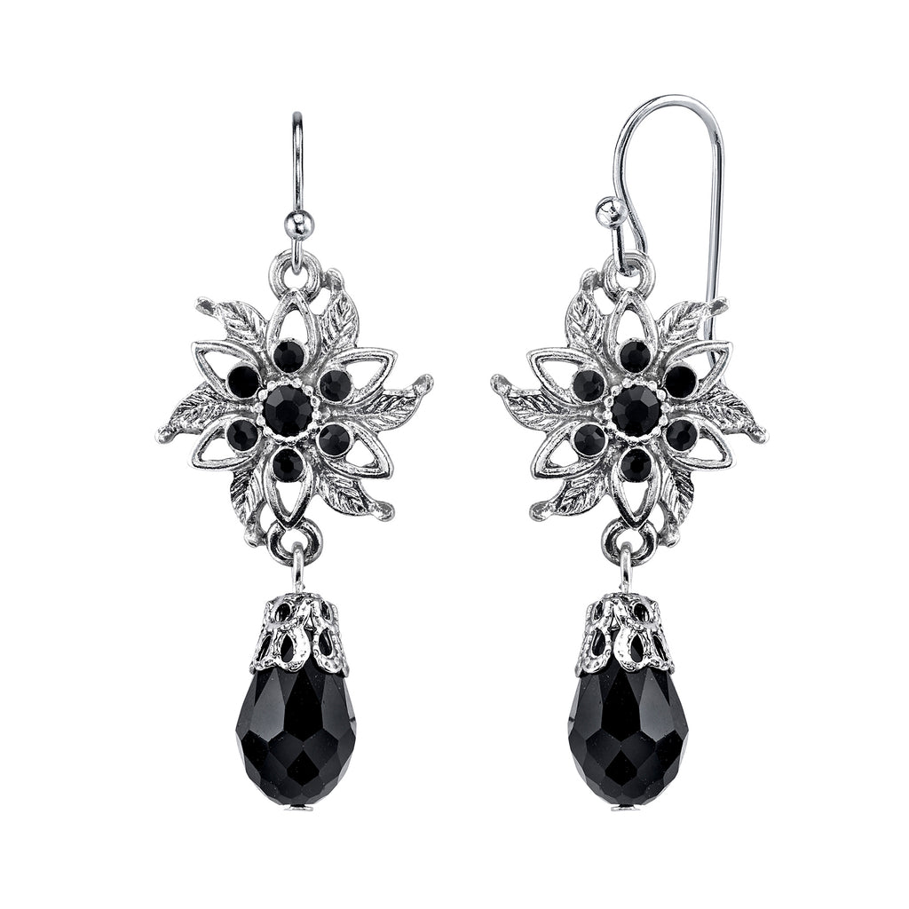 Black Crystal Flower Jet Crystal Dangling Earrings