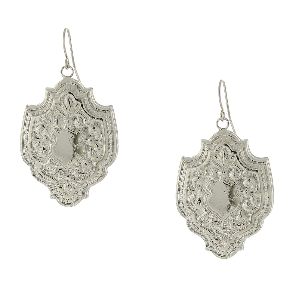 Silver Tone Medieval Shield Inspired Drop Earrings