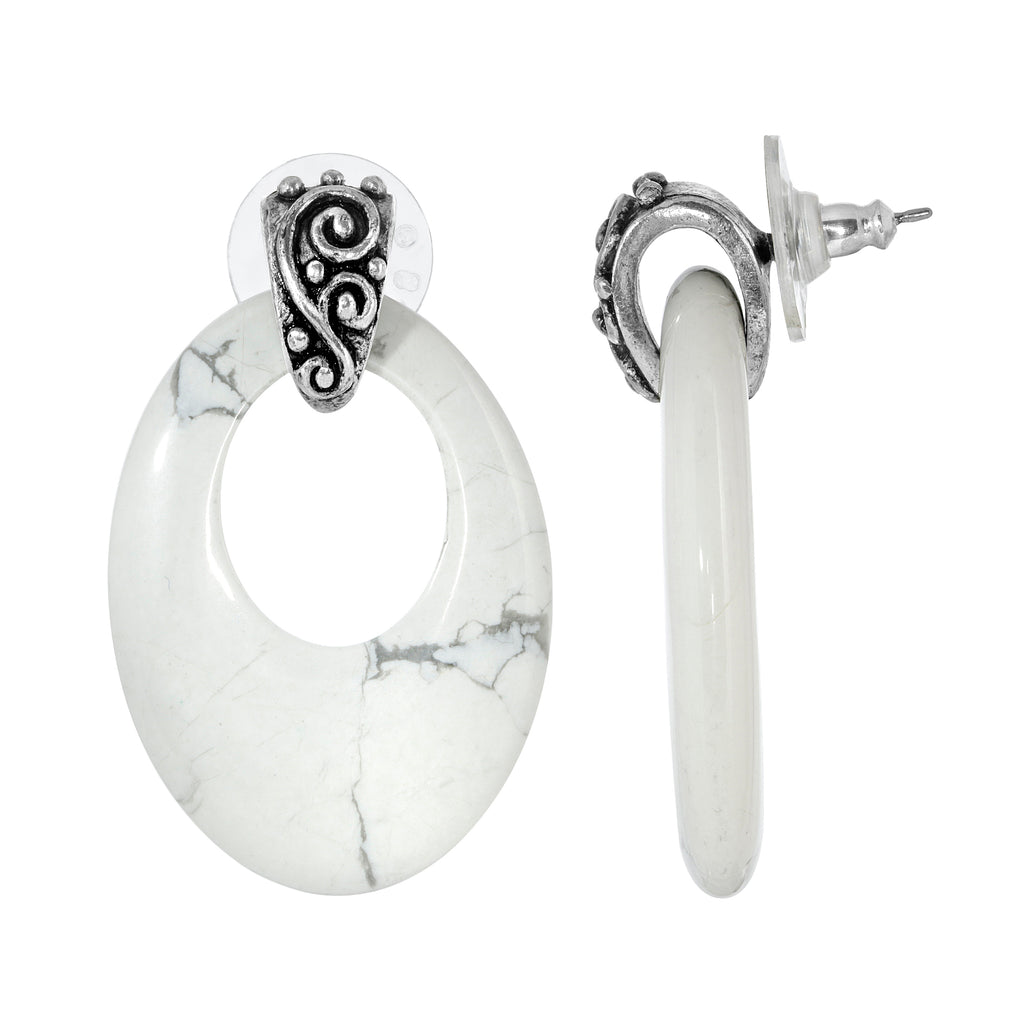 Pewter Semi Precious Oval Hoop Earrings (White Howlite)