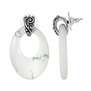 1928 Jewelry Pewter Semi Precious Oval Hoop Earrings (White Howlite)