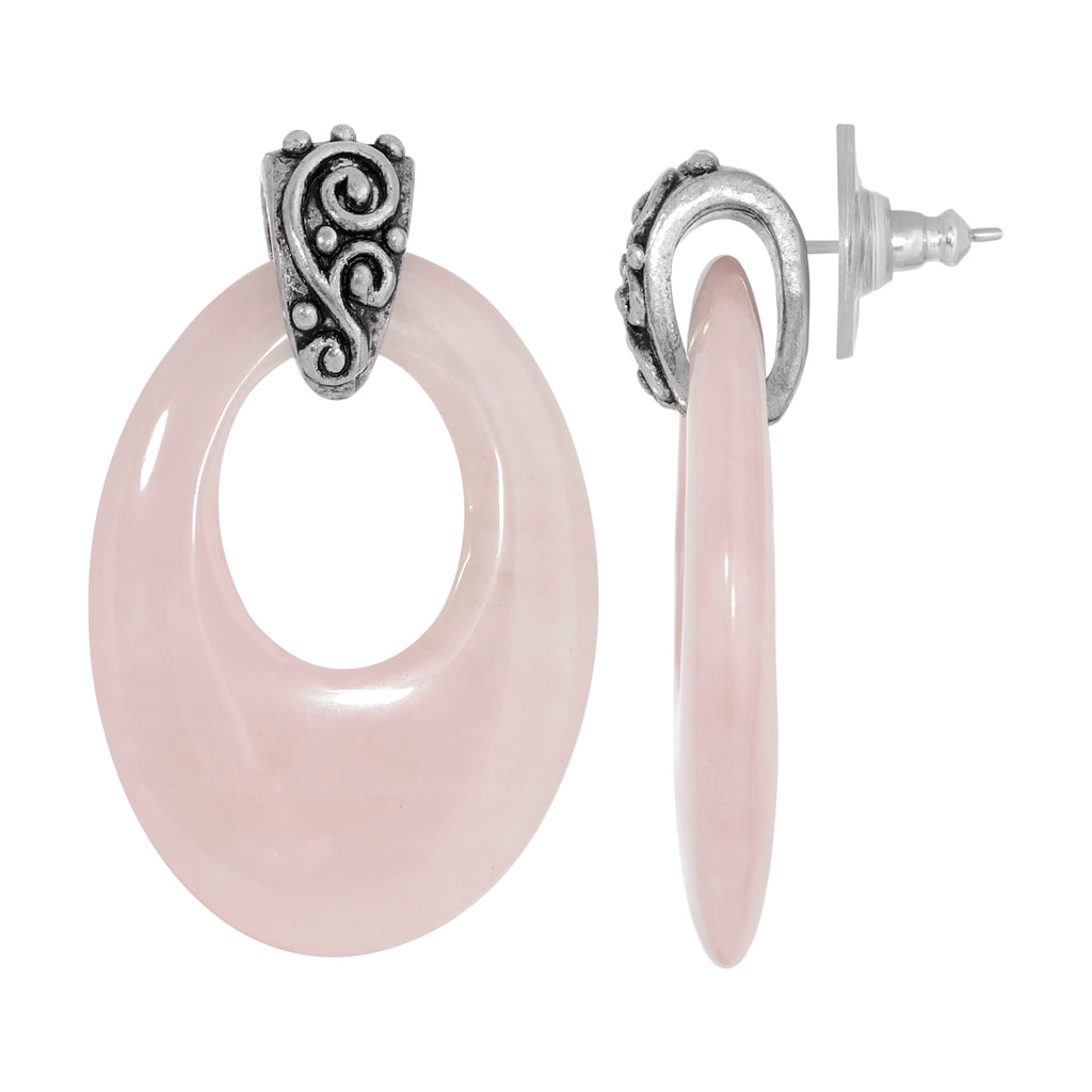 Pewter Semi Precious Oval Hoop Earrings (Rose Quartz)