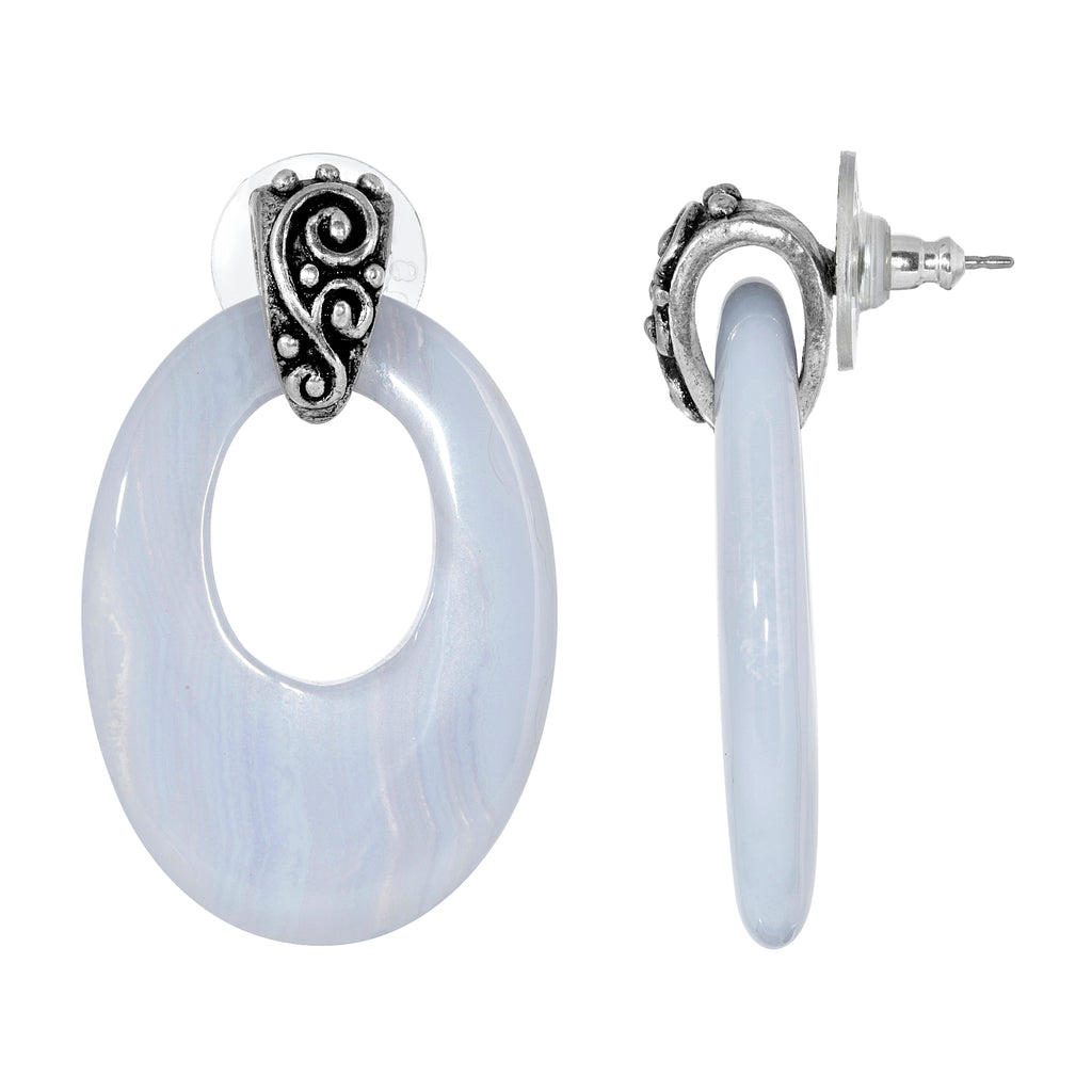 Pewter Semi Precious Oval Hoop Earrings (Blue Lace Agate)