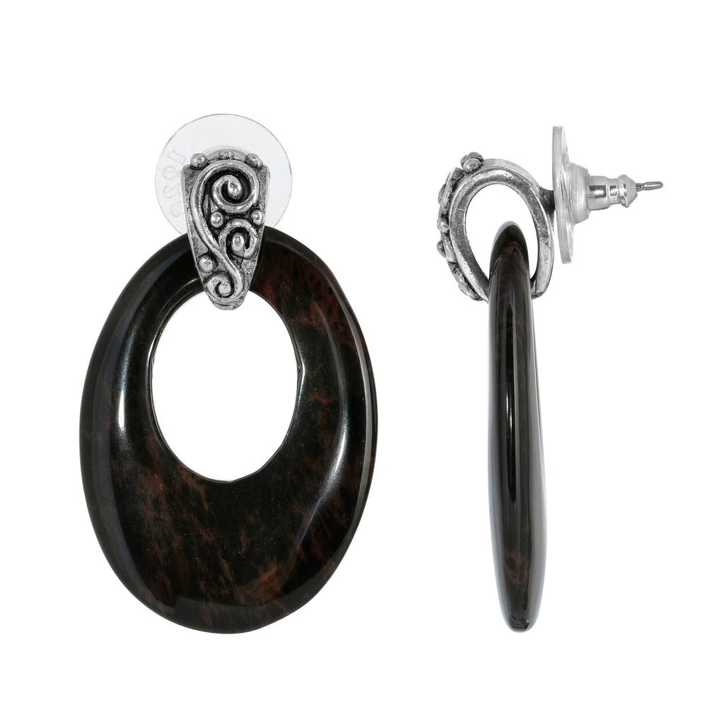 Pewter Semi Precious Oval Hoop Earrings (Brown Obsidian)