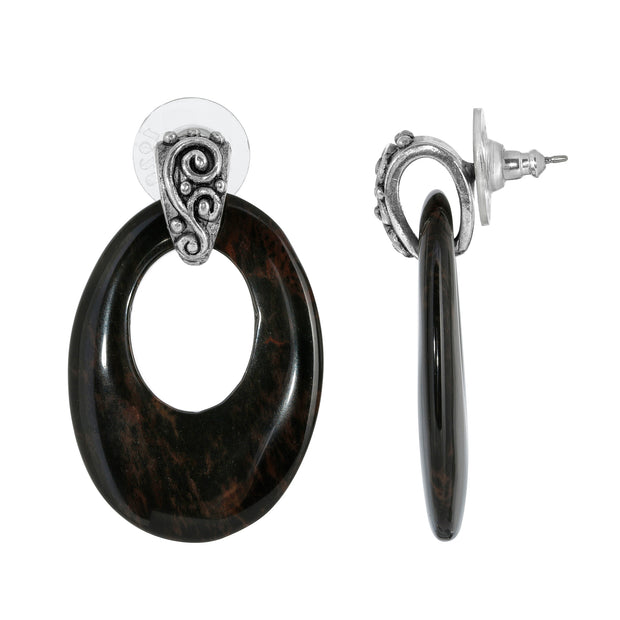 1928 Jewelry Pewter Semi Precious Oval Hoop Earrings (Brown Obsidian)