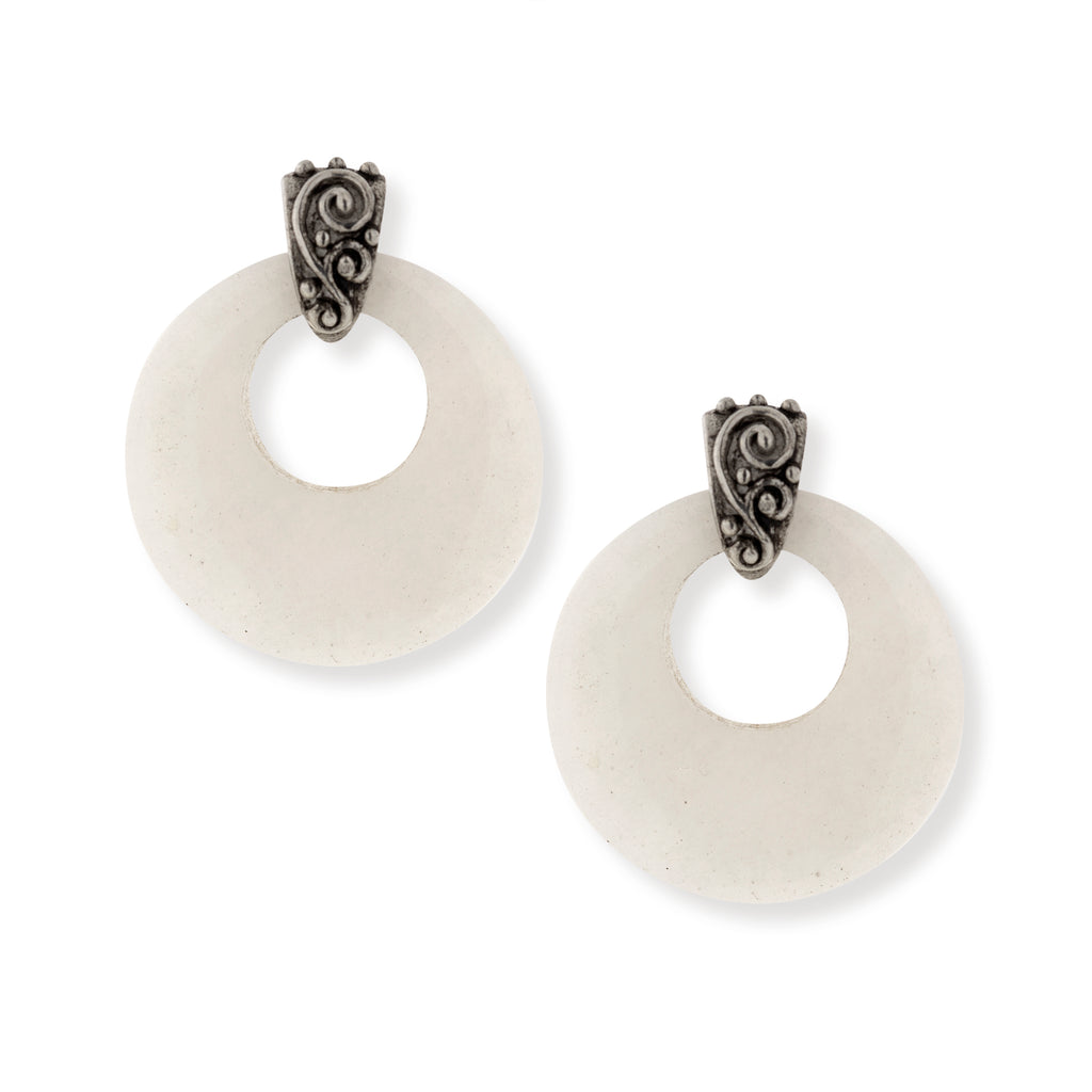 Pewter Gemstone Round Hoop Earrings White Quartz