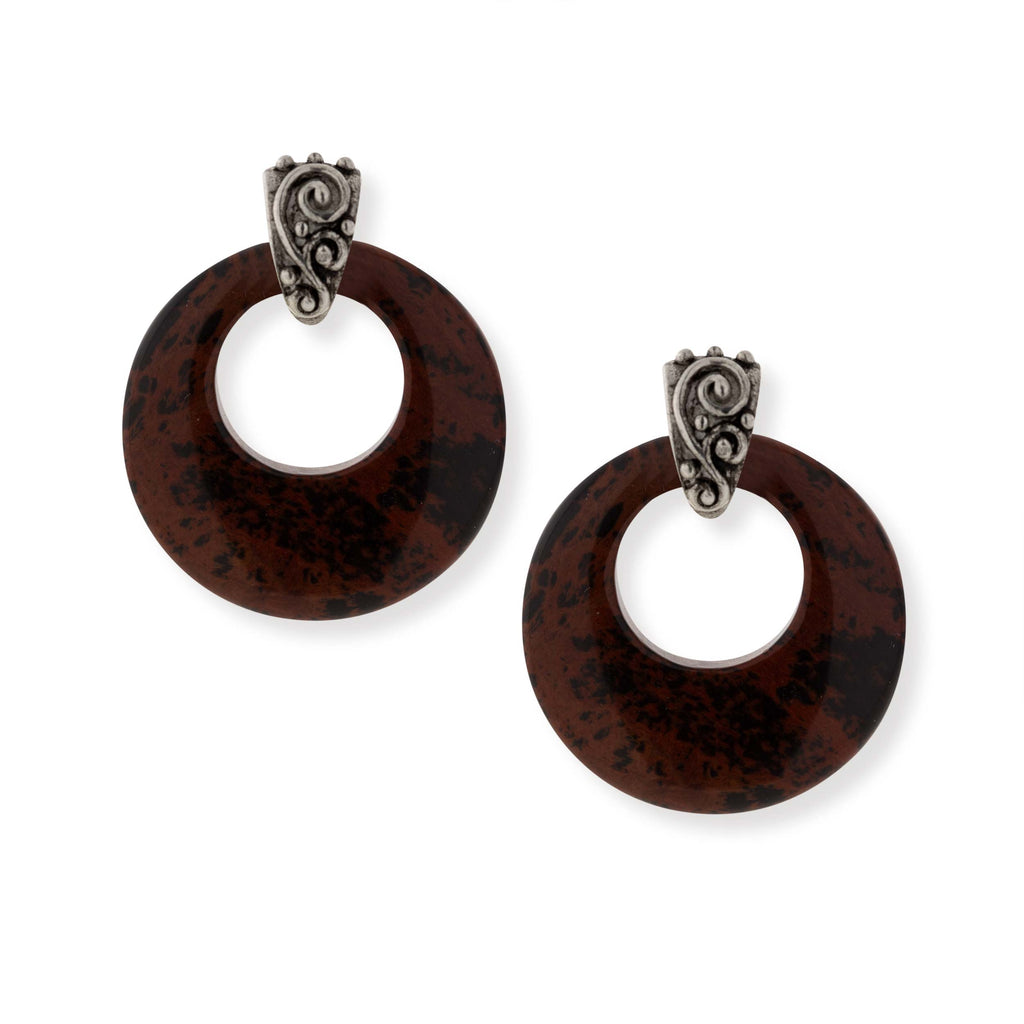 Pewter Gemstone Round Hoop Earrings Brown Obsidian
