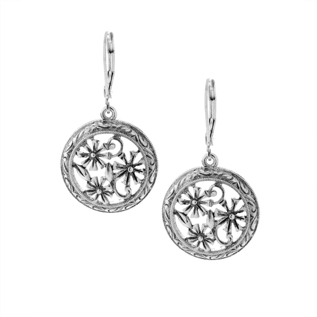 Round Floral Drop Earrings Silver