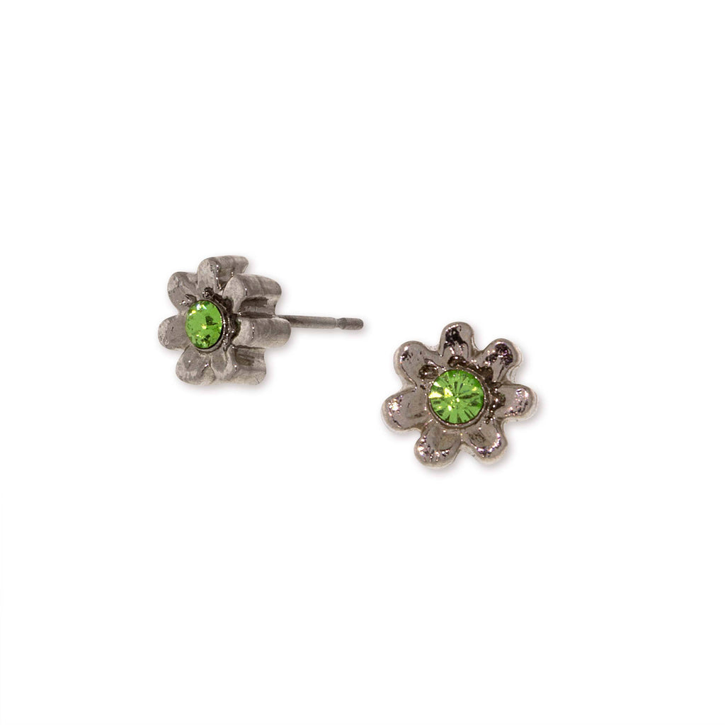 Silver Tone Light Green Crystal Tiny Flower Stud Earrings