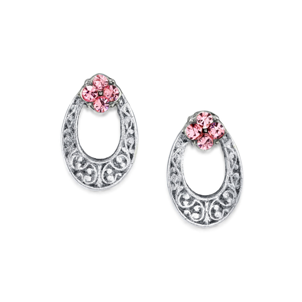 Silver Tone Pink Crystal Oval Stud Earring