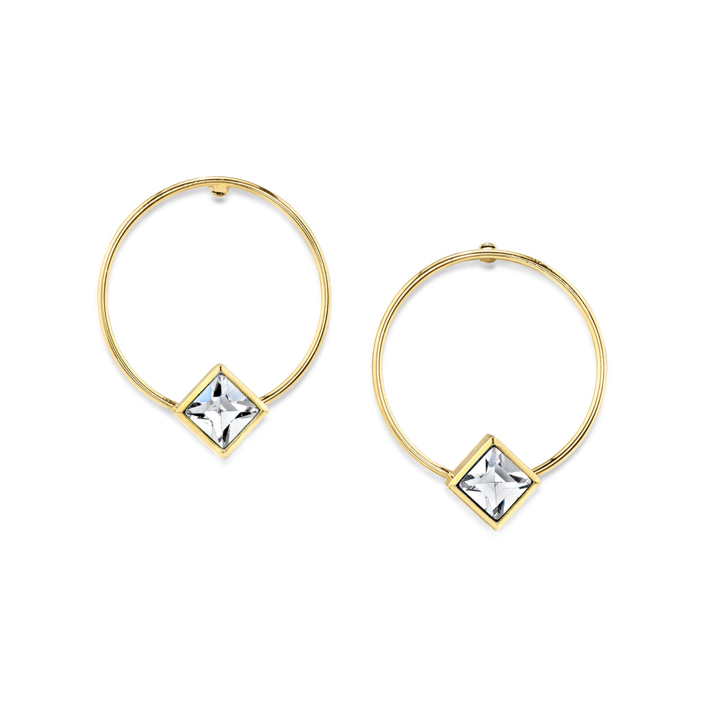 14K Gold Dipped Diamond Shape Crystal Stainless Steel Dainty Round Hoop Post Earrings