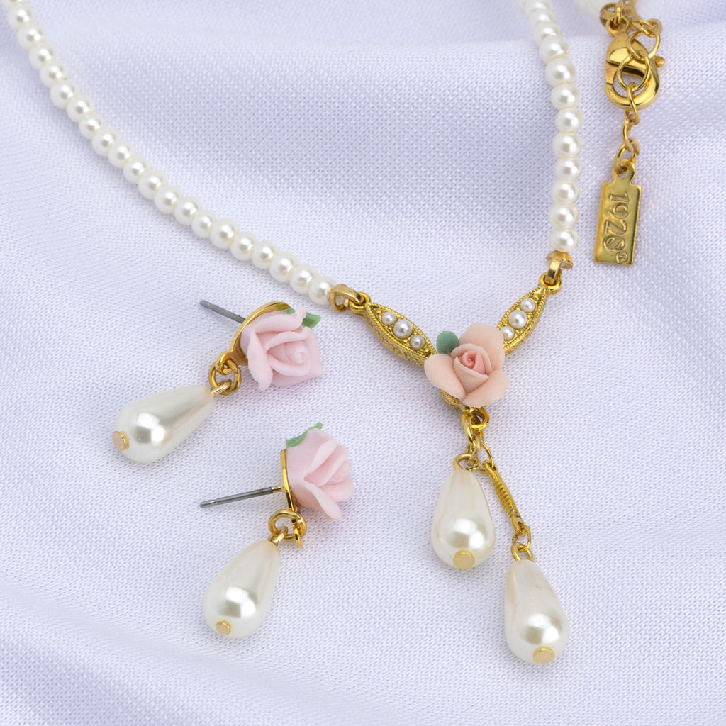Ivory Porcelain Rose and 3mm Faux Pearl Strand Drop Necklace 16" + 3" Extender