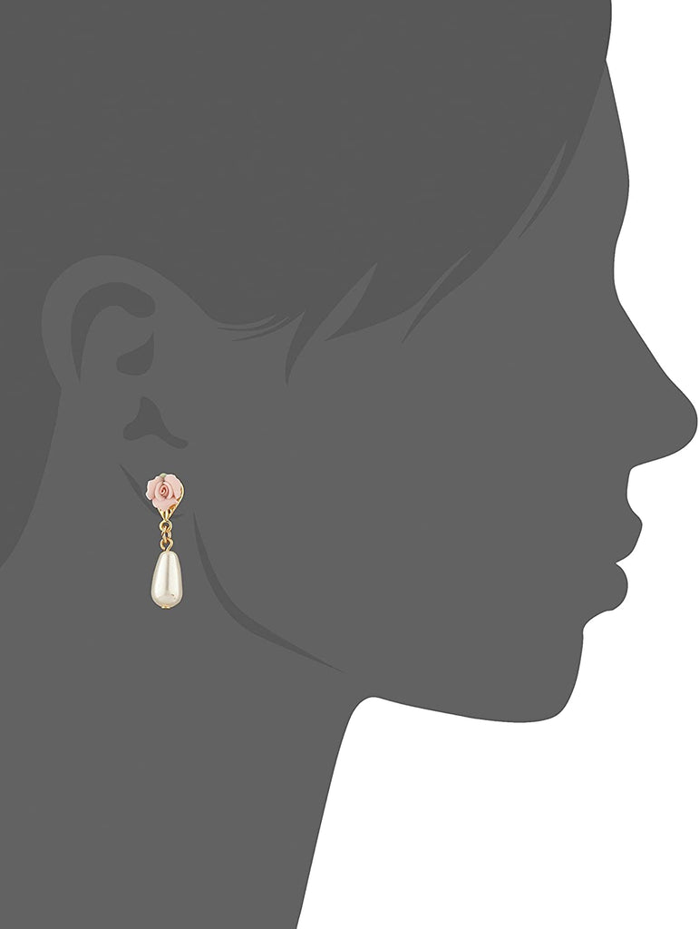 Gold Tone Pink Porcelain Rose Faux Pearl Drop Earrings