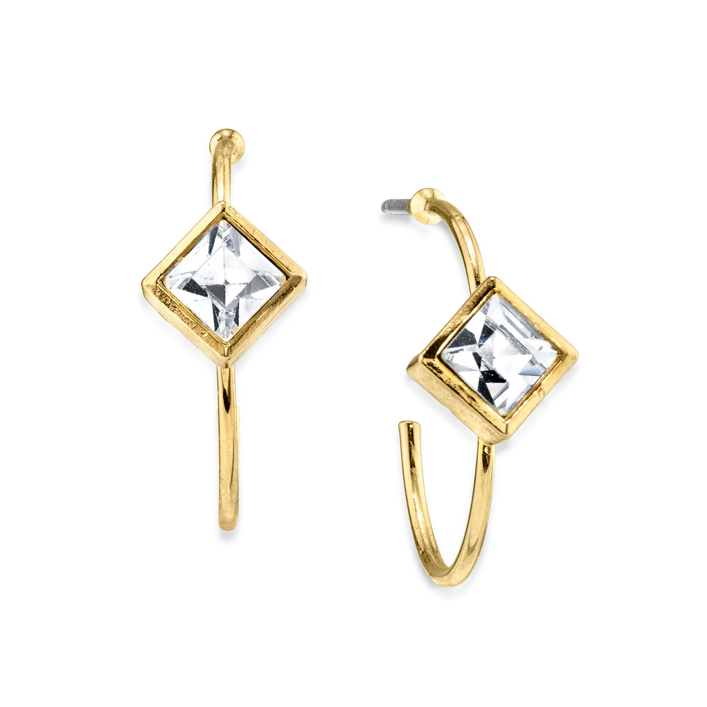 14K Gold Dipped Diamond Shape Crystal Open Hoop Stainless Steel Post Earring