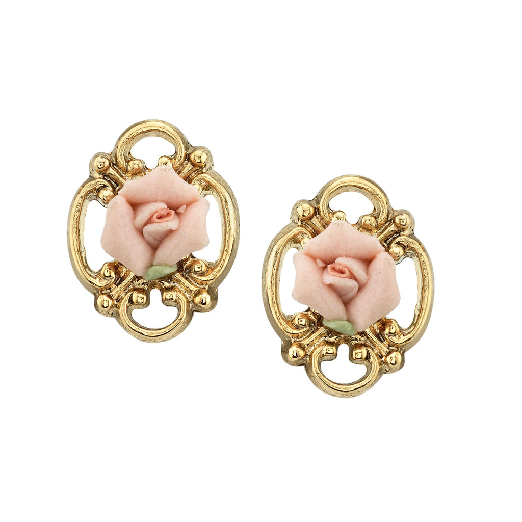 Sweet Pink Porcelain Rose Button Earrings