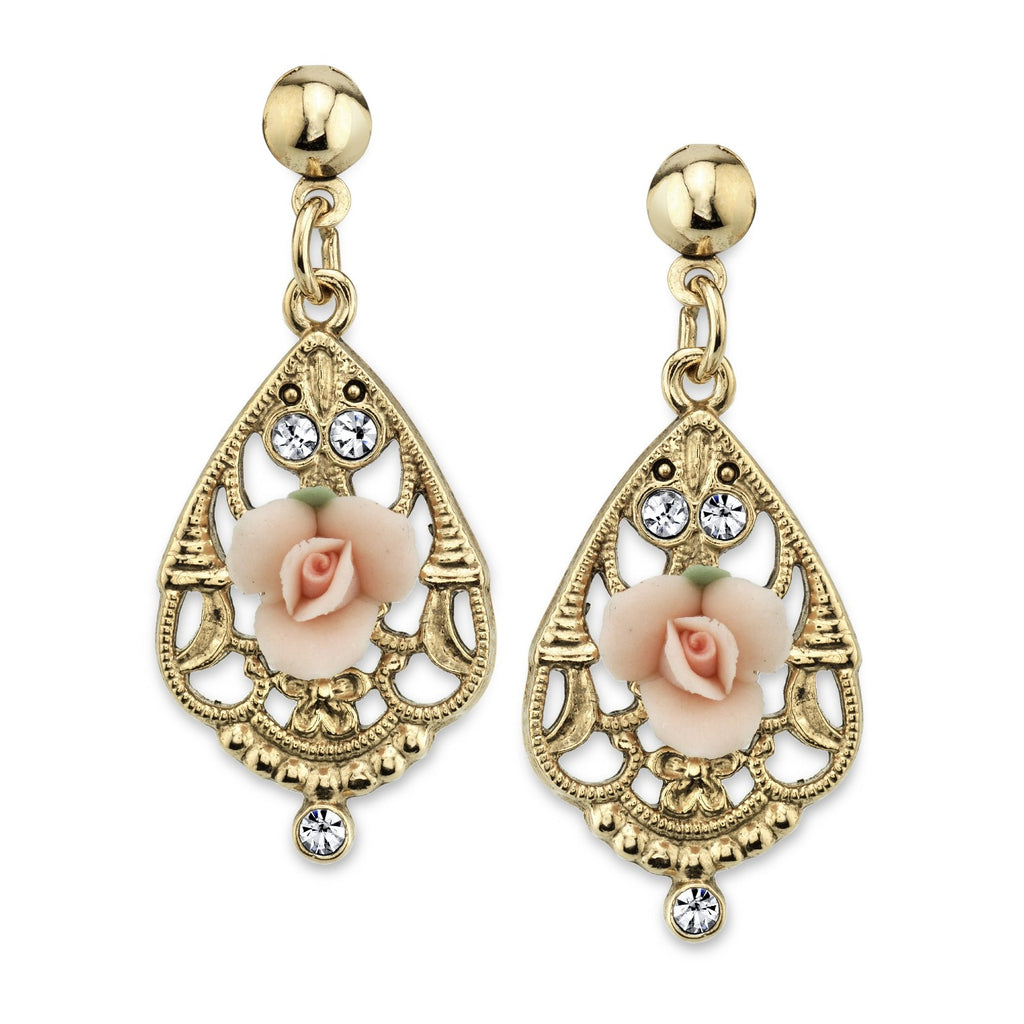 "Porcelain Rose" Gold-Tone And Pink Rose Teardrop Earrings