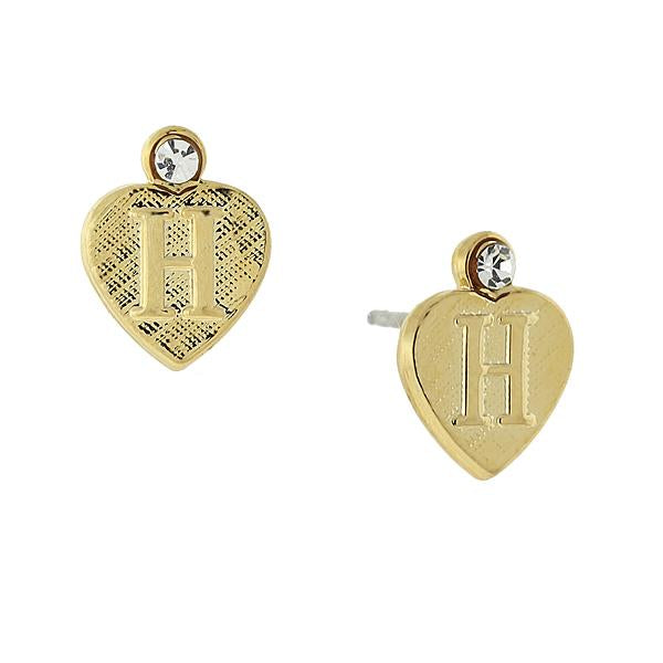 14K Gold Dipped Crystal Accent Initial Heart Stud Earrings H