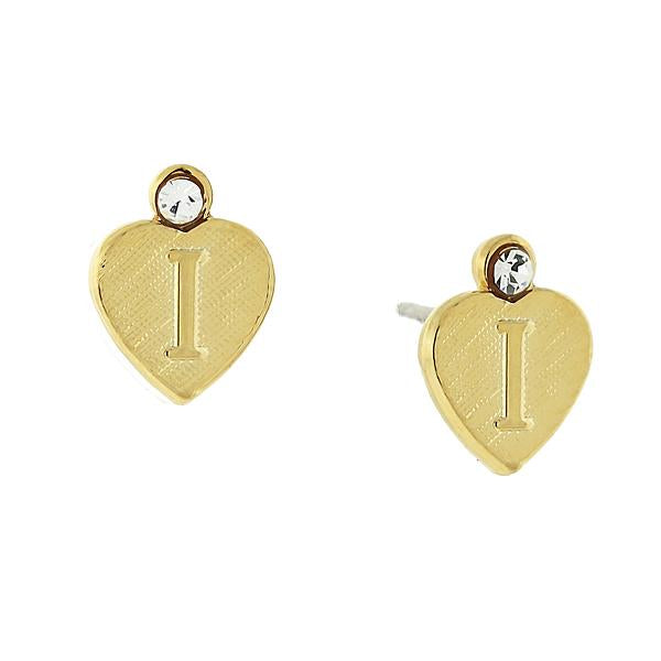 14K Gold Dipped Crystal Accent Initial Heart Stud Earrings I