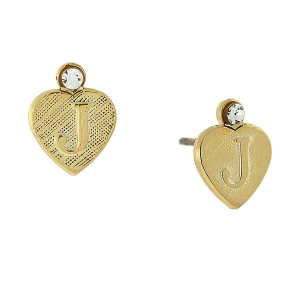 14K Gold Dipped Crystal Accent Initial Heart Stud Earrings J