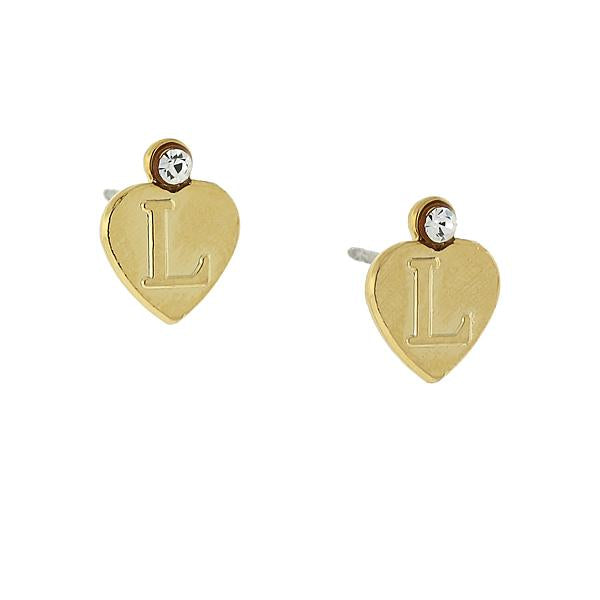 14K Gold Dipped Crystal Accent Initial Heart Stud Earrings L