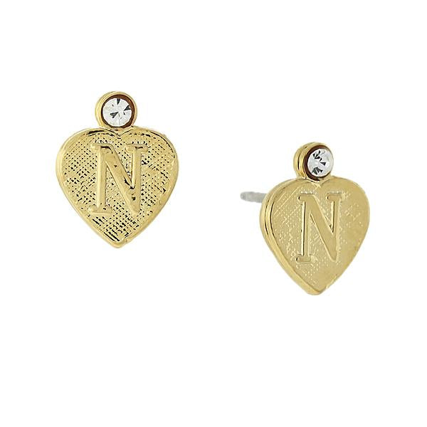 14K Gold Dipped Crystal Accent Initial Heart Stud Earrings N