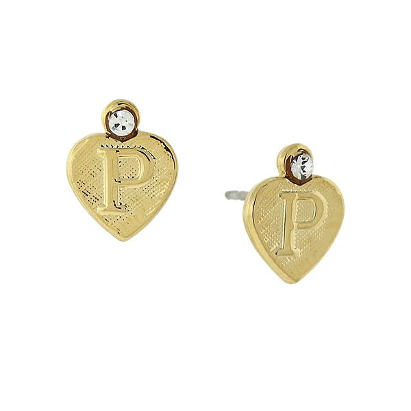 14K Gold Dipped Crystal Accent Initial Heart Stud Earrings P