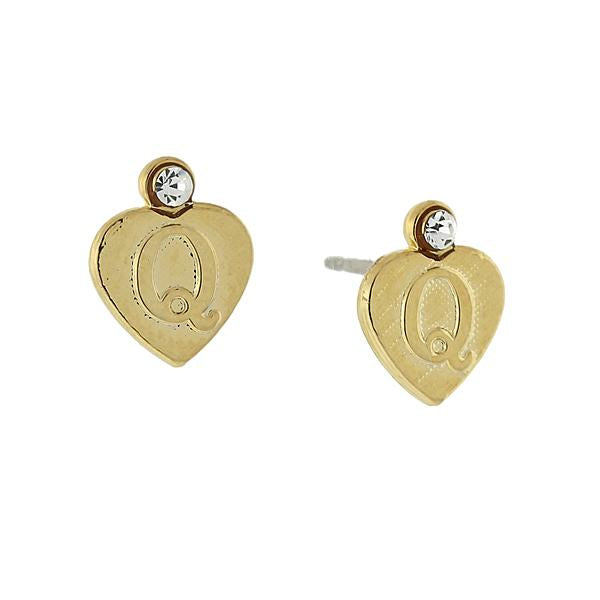 14K Gold Dipped Crystal Accent Initial Heart Stud Earrings Q